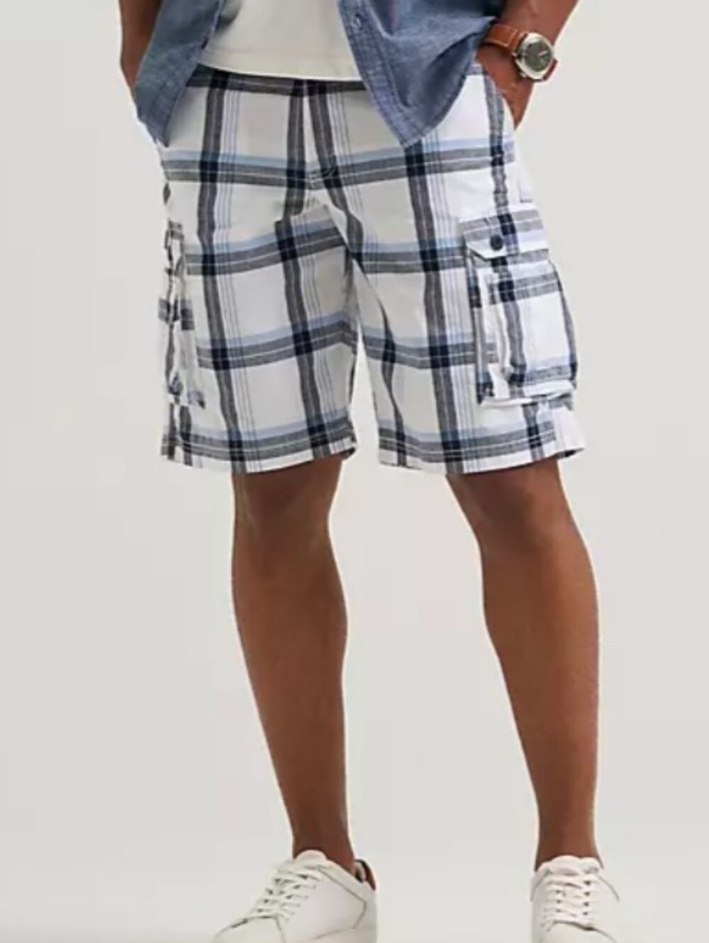 Lee Men Legendary Wyoming Cargo Short Plaid 100% Cotton Blue/White